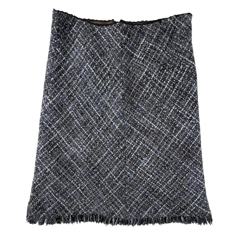 Kenneth Cole Tweed Pencil Skirt 2 Brown Taupe Boucle Fringe Hem Wool Blend Lined